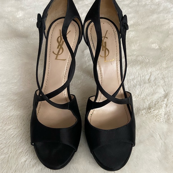YSL black satin platform heels 38.5 fits like 7.5 US - Picture 3 of 13